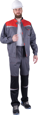 Костюм КМ-10 ЛЮКС летний (серый-красный-черный), 53%ХБ 47%ПЭ, пл. 210 г/м² (Куртка и брюки)